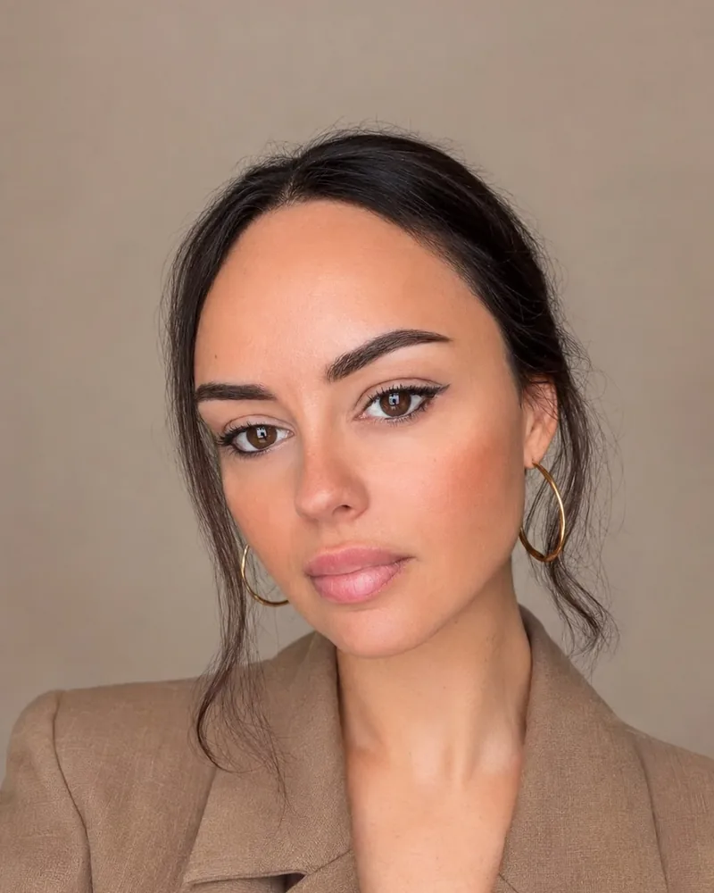 Coralie, cheveux bruns attachés, créoles dorées et veste en lin camel, sur fond taupe.