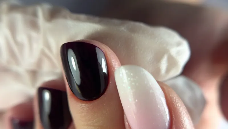 Ongles laqués bordeaux très foncé à côté d'un ongle babyboomer pailleté.