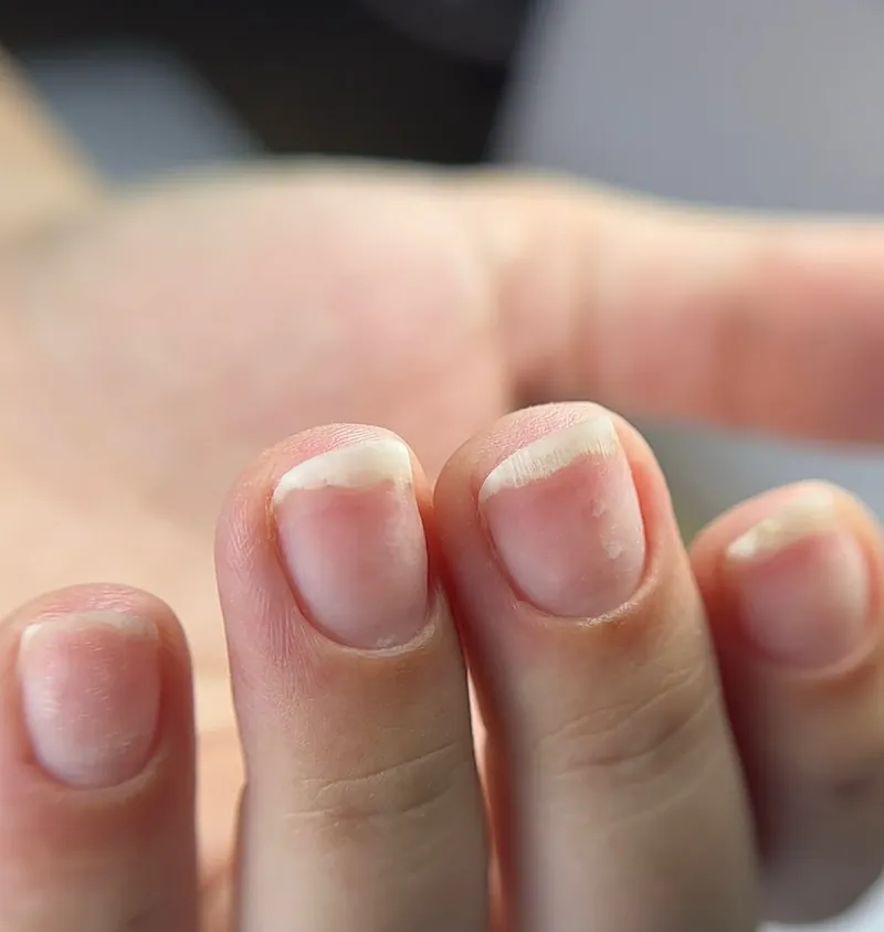 Ongles courts naturels juste préparés, cuticules nettes, sans couleur.